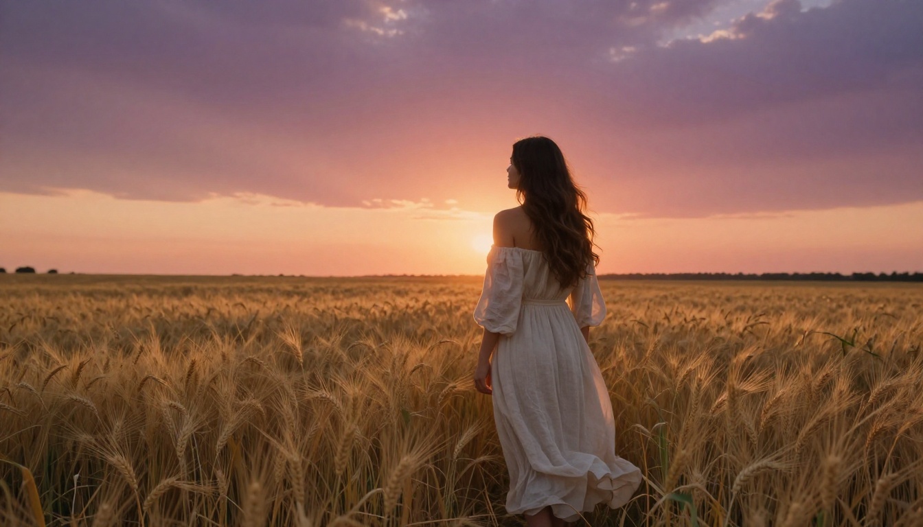 Woman in golden wheat field at dusk, warm amber backlight, wide cinematic photorealistic composition