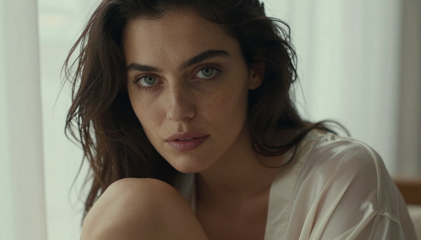 Artistic close-up portrait showing photorealistic skin texture, natural freckles, and soft window light