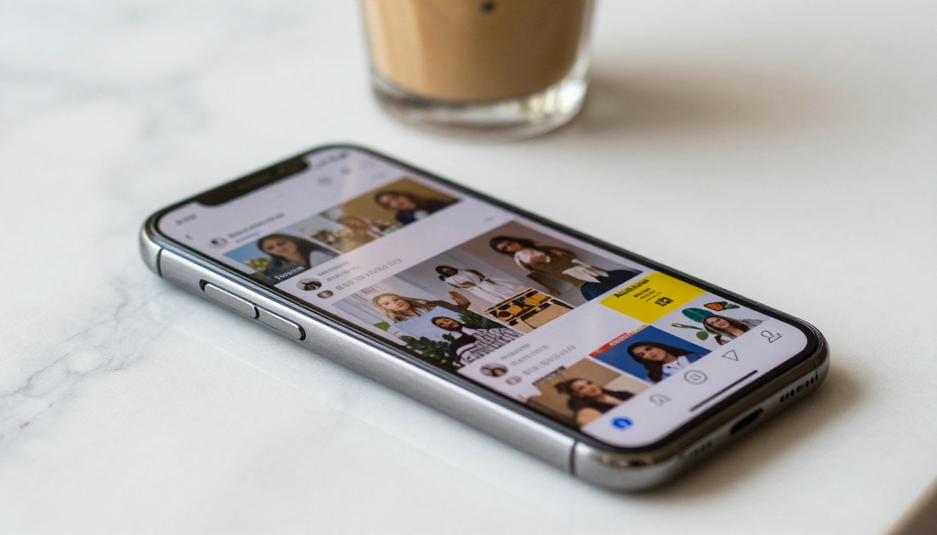 A smartphone displaying a colorful TikTok-style video feed on a marble surface A smartphone displaying a colorful TikTok-style video feed on a marble surface
