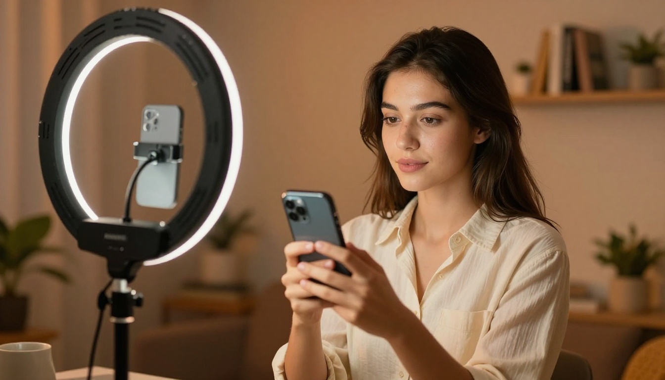 Young woman recording herself in a cozy home studio with ring light Young woman recording herself in a cozy home studio with ring light