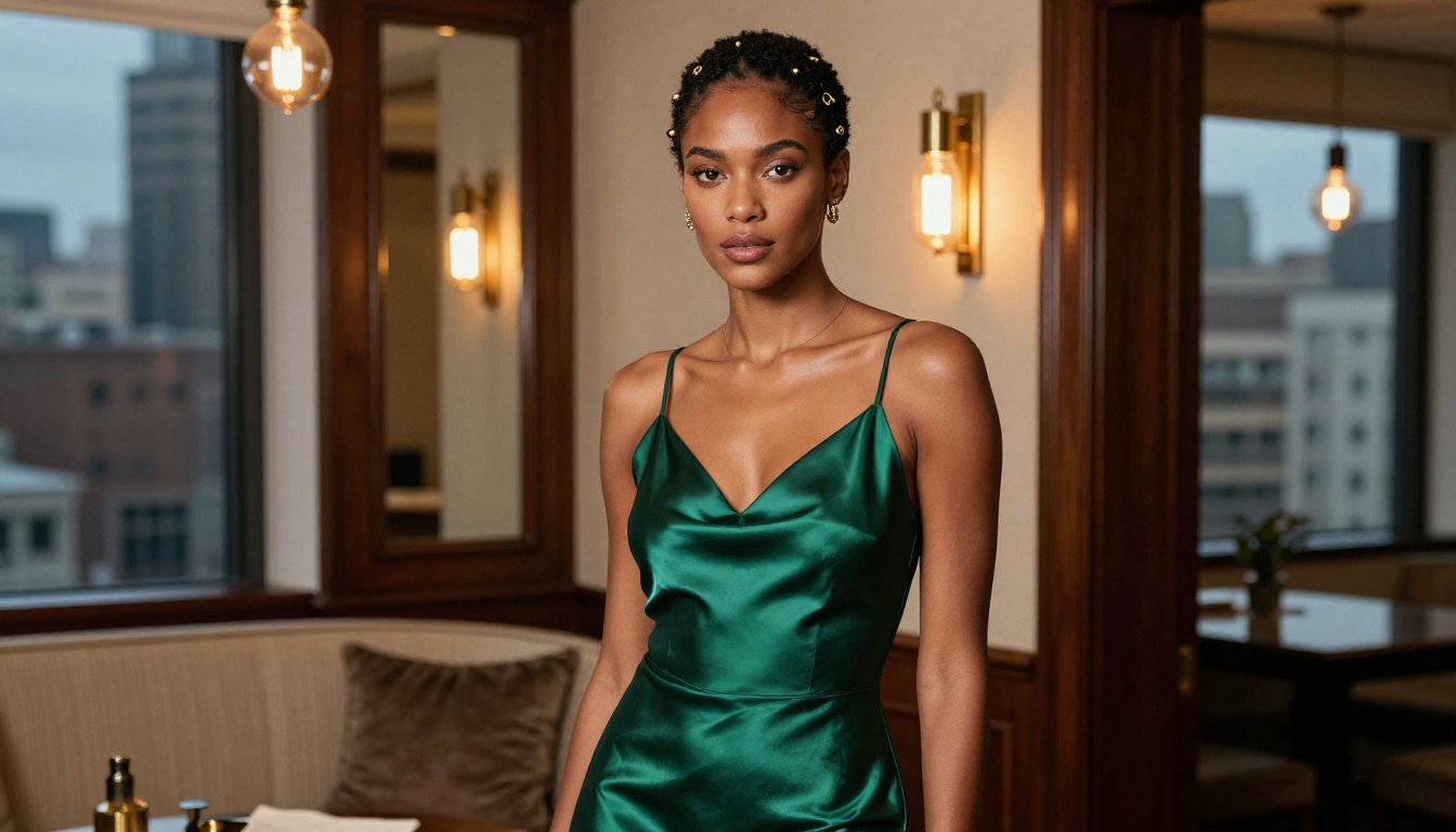 Sophisticated woman in luxury hotel suite, warm Edison bulb lighting, professional portrait atmosphere