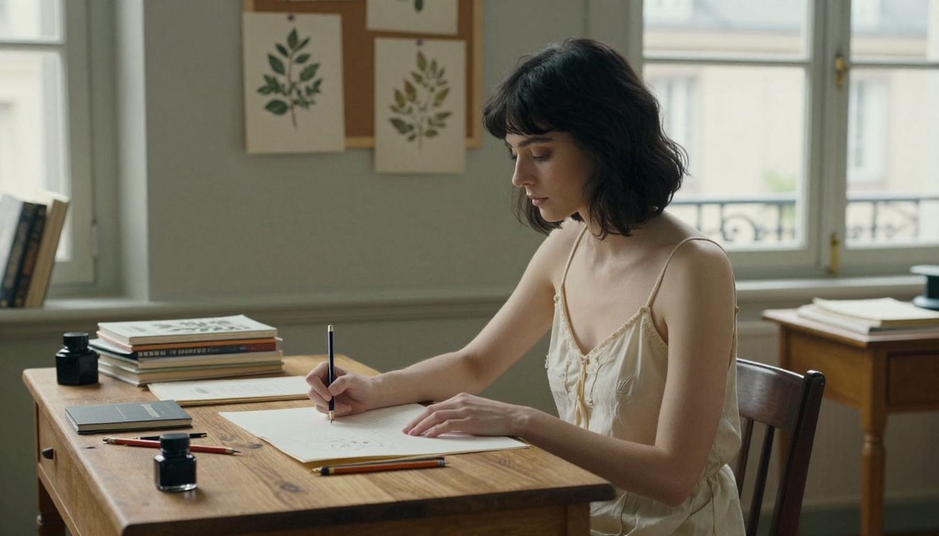 Woman in Parisian studio wearing vintage slip, diffused northern light, intimate editorial atmosphere