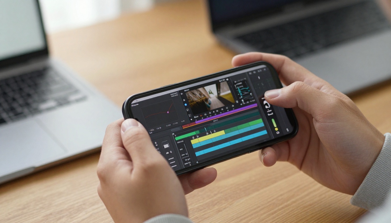 Hands holding smartphone showing video editing timeline Hands holding smartphone showing video editing timeline