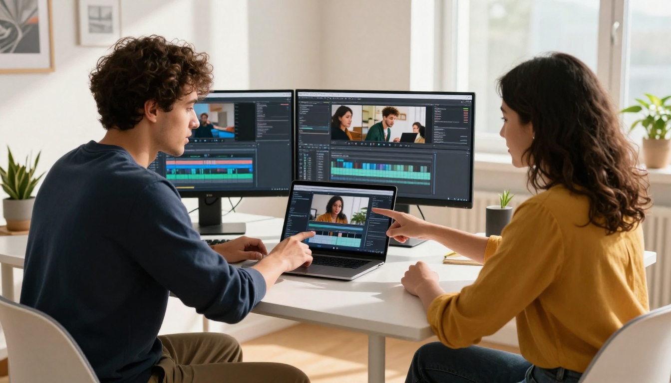 Two content creators reviewing video content together at a modern desk Two content creators reviewing video content together at a modern desk