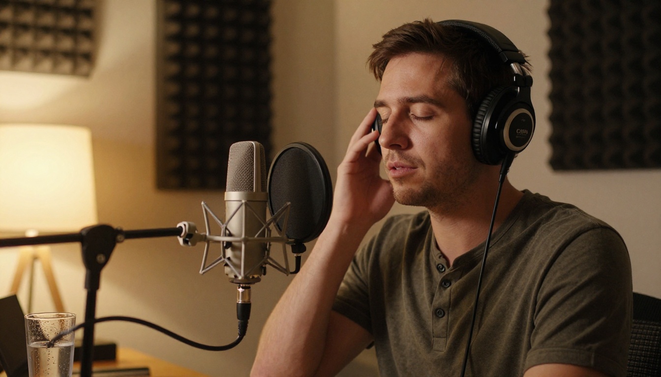 Man recording voiceover at a home studio with microphone and headphones