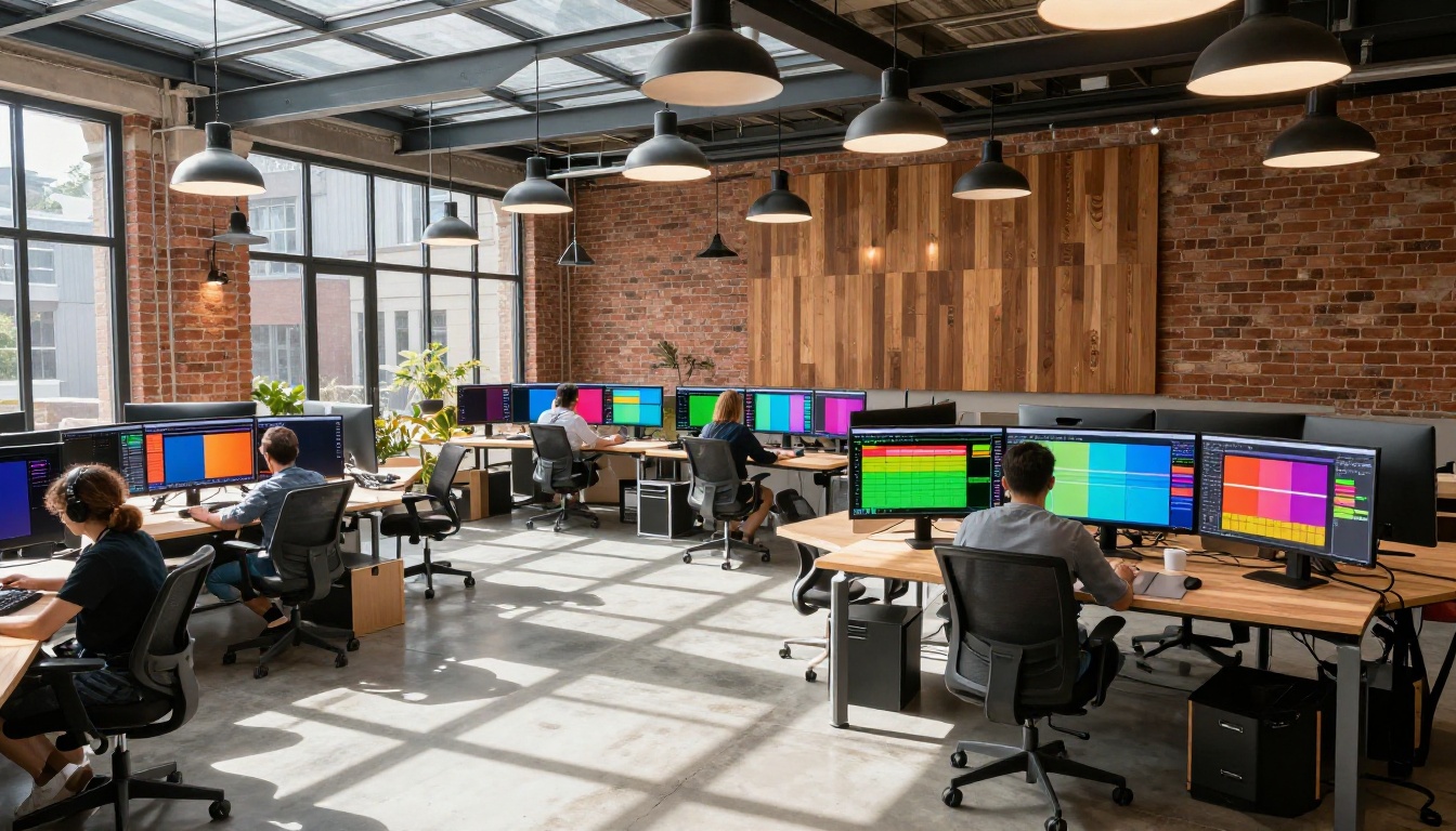 Wide shot of a modern creative office with AI video setups