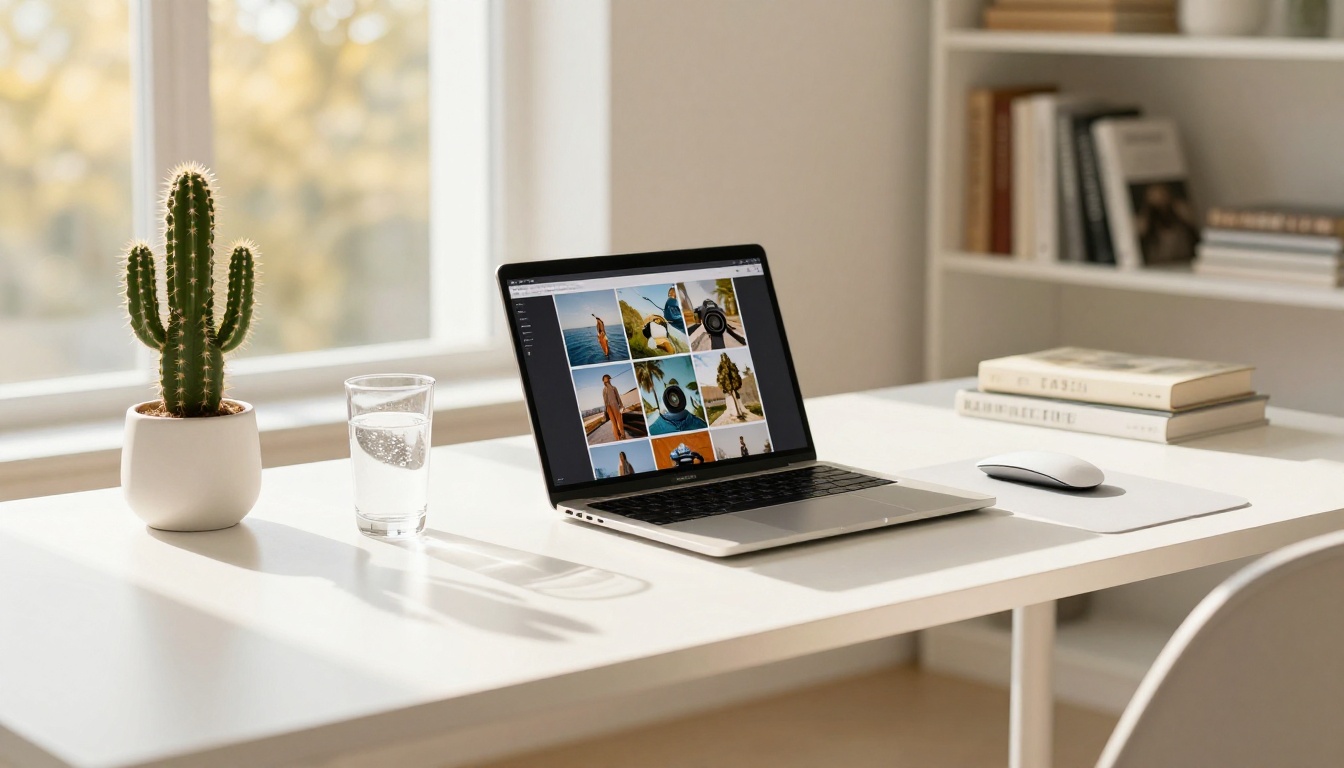 Bright modern workspace with laptop showing AI-generated images