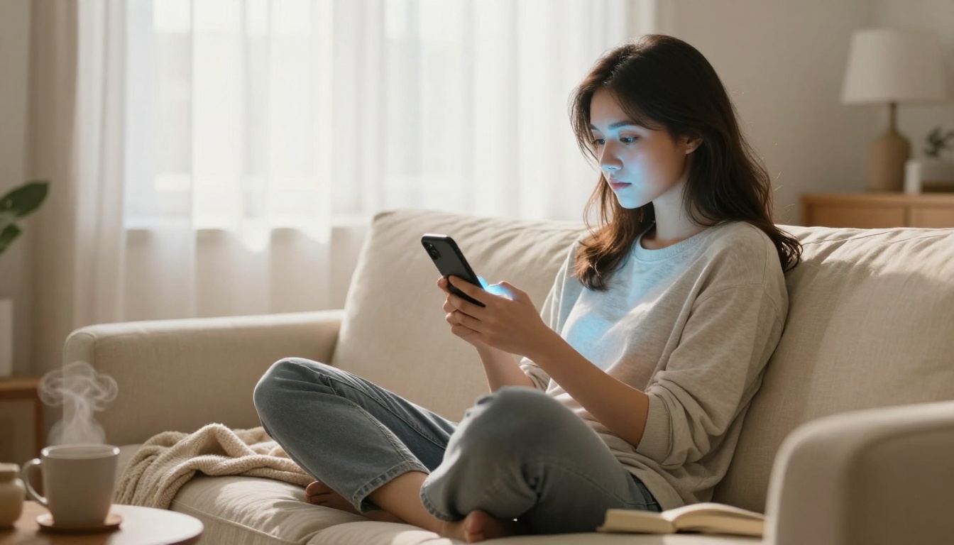 Young woman browsing content on her smartphone while sitting on a linen sofa