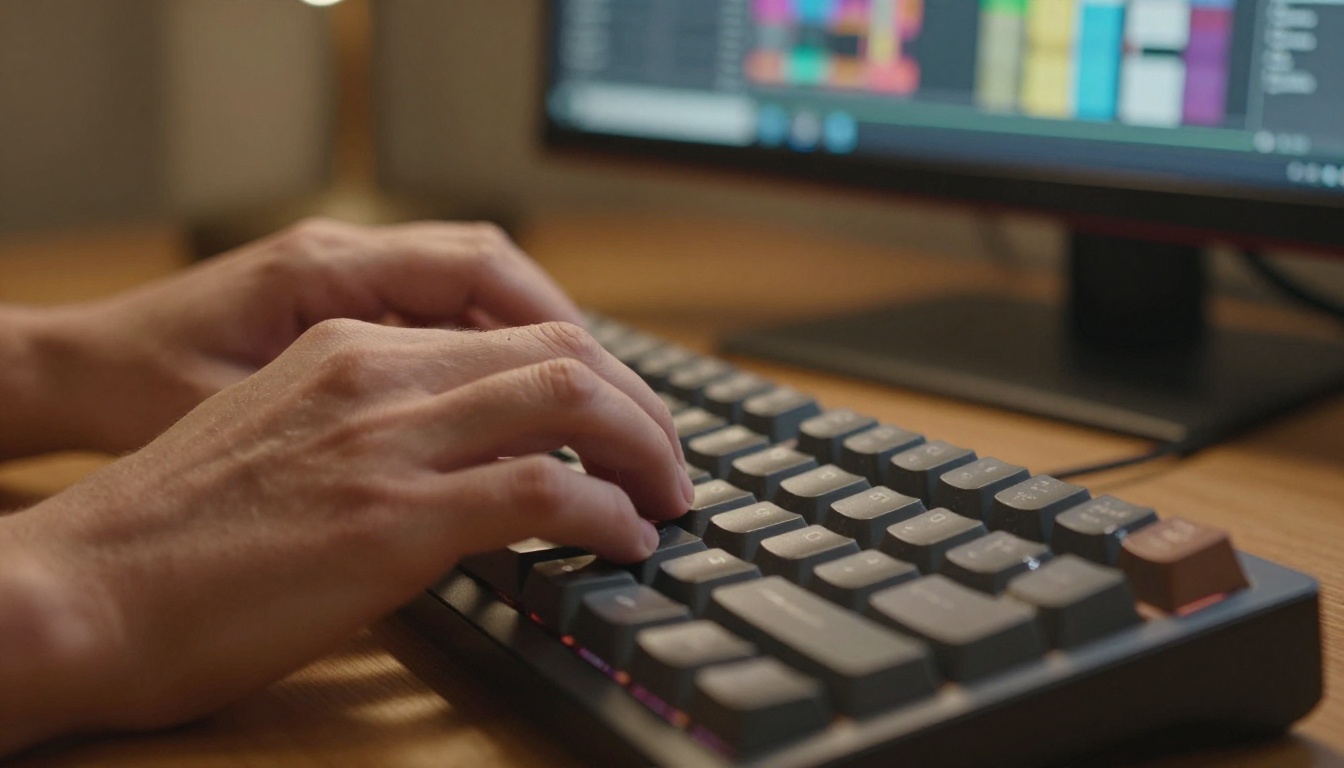 Close-up of hands typing on a mechanical keyboard with video timeline on monitor