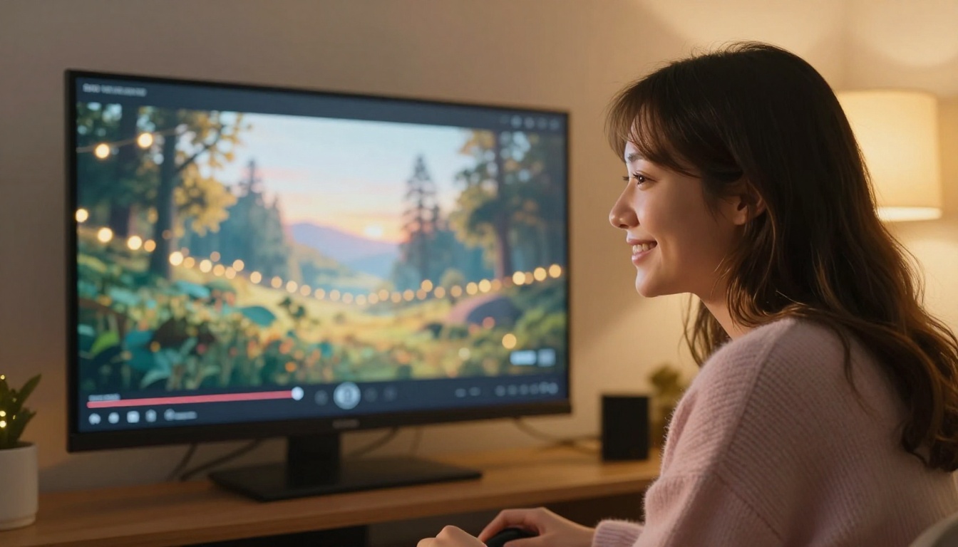 Young woman content creator watching AI video on screen