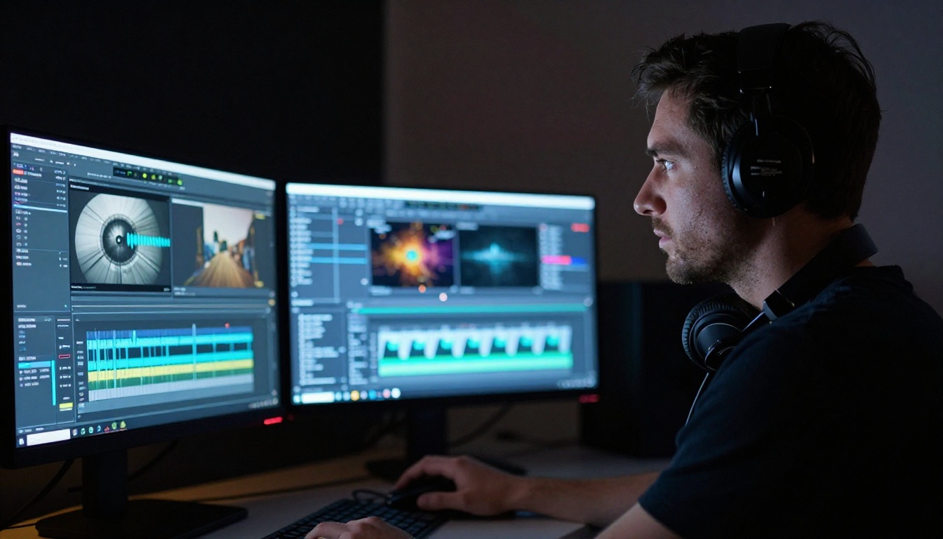 Male video editor working in a dark edit suite