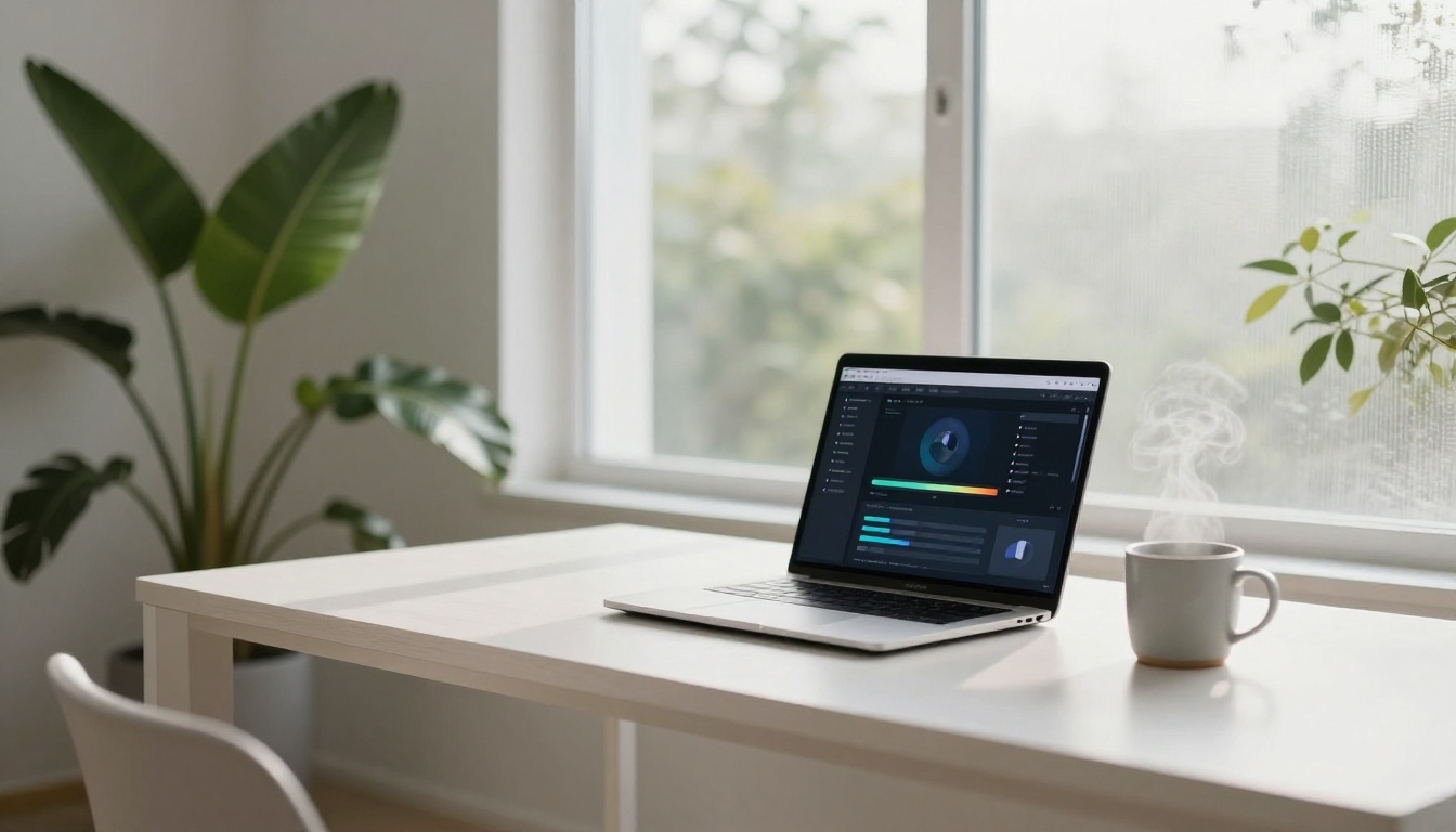 Minimalist home office with laptop showing AI video interface