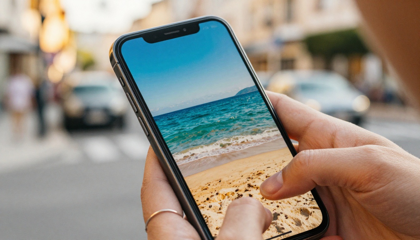 Smartphone displaying an AI-generated video of a sunny beach