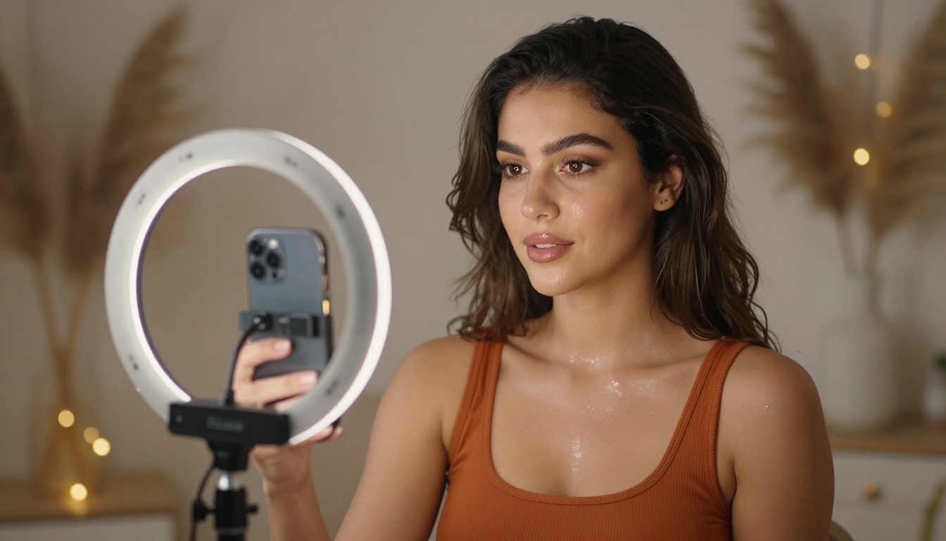 Content creator filming a Reels selfie with ring light and warm bokeh background Content creator filming a Reels selfie with ring light and warm bokeh background