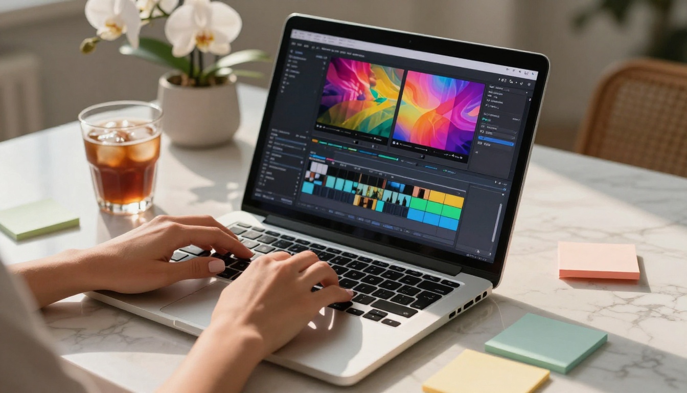 Woman editing video on laptop showing colorful timeline on white marble desk