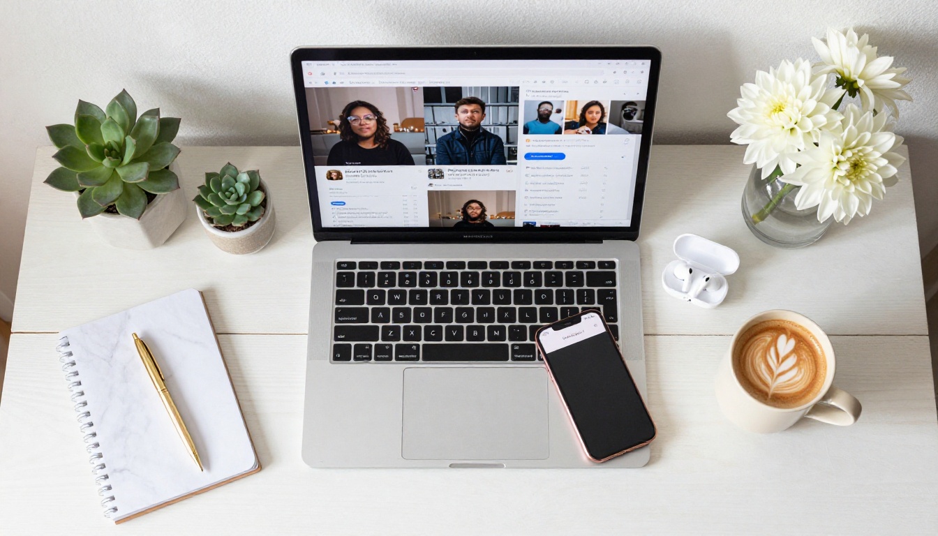 Aerial flat lay of creator workspace with iPhone, laptop, and coffee Aerial flat lay of creator workspace with iPhone, laptop, and coffee
