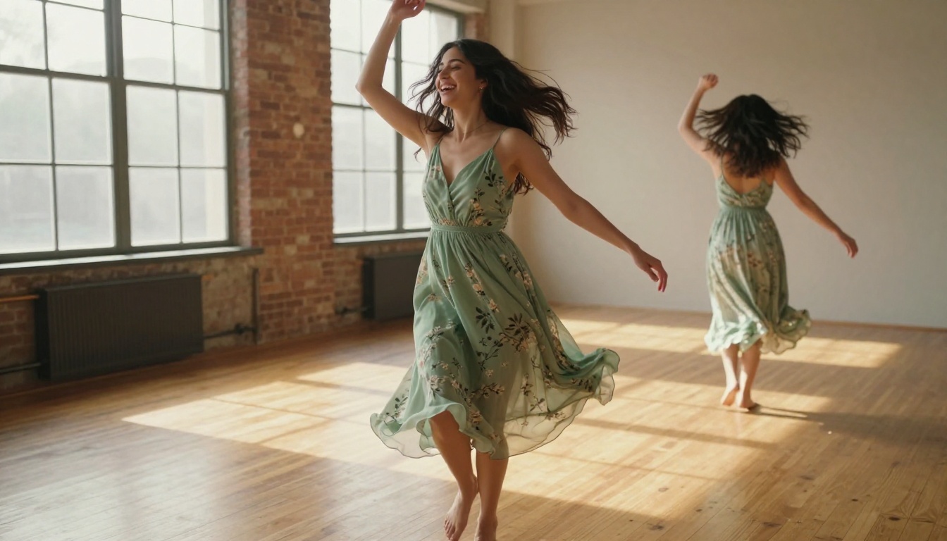 Woman in sage green dress dancing joyfully in sunlit studio with wooden floors Woman in sage green dress dancing joyfully in sunlit studio with wooden floors