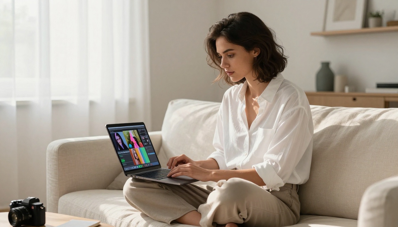 Woman with olive skin on cream sofa studying AI-generated image results on laptop Woman with olive skin on cream sofa studying AI-generated image results on laptop