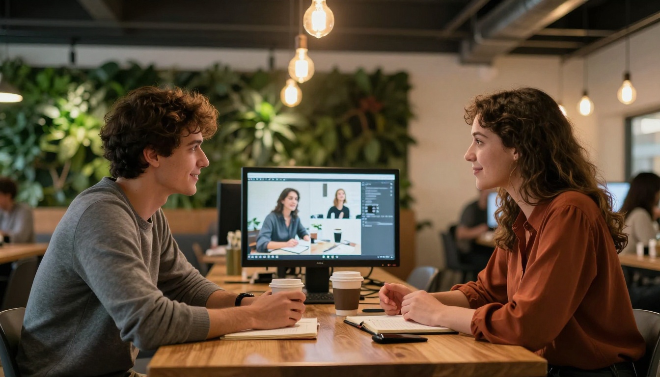 Young man and woman collaborating over video storyboard on monitor in warm co-working space