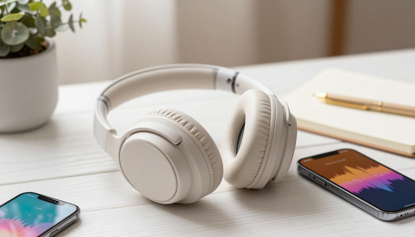 Wireless headphones next to smartphone showing audio waveform in warm amber tones