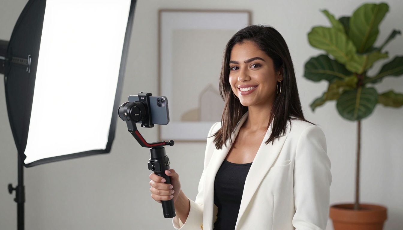 Confident Latina woman smiling in home studio setup holding gimbal with smartphone