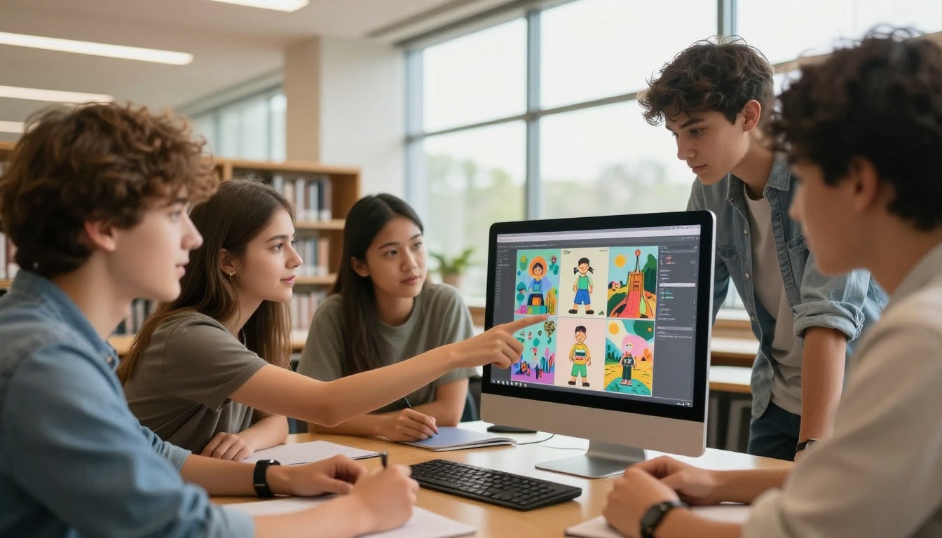 Diverse group of teenagers collaborating around a shared computer screen in a bright school library