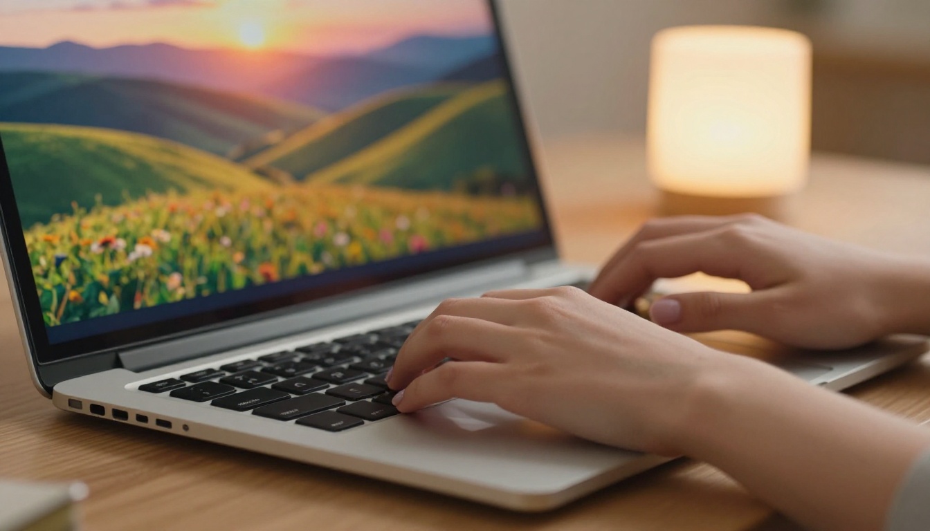 Close-up of teenage girl's hands typing on a MacBook with AI-generated artwork glowing on screen