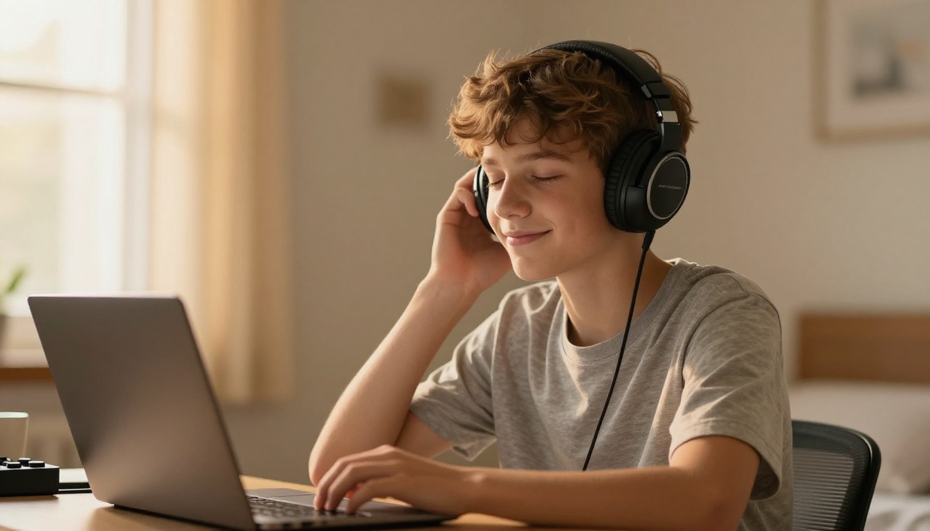 Teenage boy wearing headphones and smiling while listening to AI-generated music at his desk