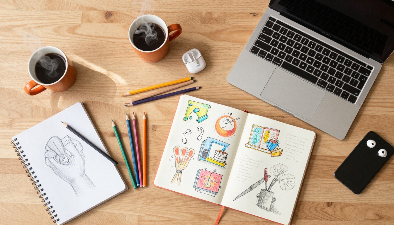 Aerial overhead flat-lay of a teen creative workspace with laptop, sketchbook, colored pencils, and coffee
