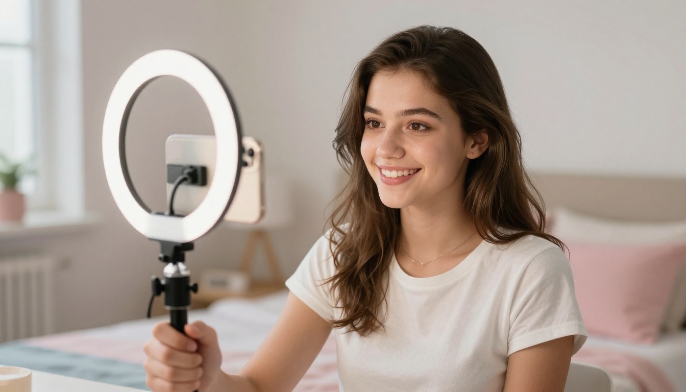 Teen girl filming herself with a smartphone on a tripod for social media content in her bedroom Teen girl filming herself with a smartphone on a tripod for social media content in her bedroom