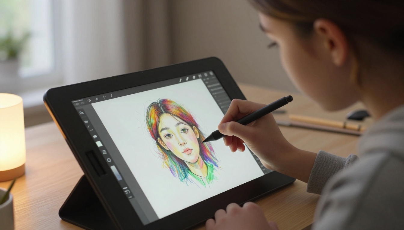 Teen girl drawing on a Wacom digital tablet with colorful artwork glowing on screen