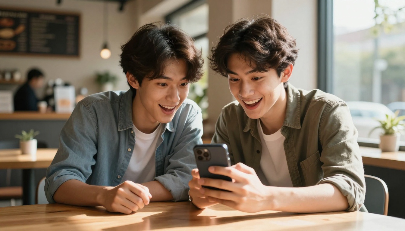 Two teenagers in a bright cafe excitedly showing each other AI-generated artwork on their phones Two teenagers in a bright cafe excitedly showing each other AI-generated artwork on their phones