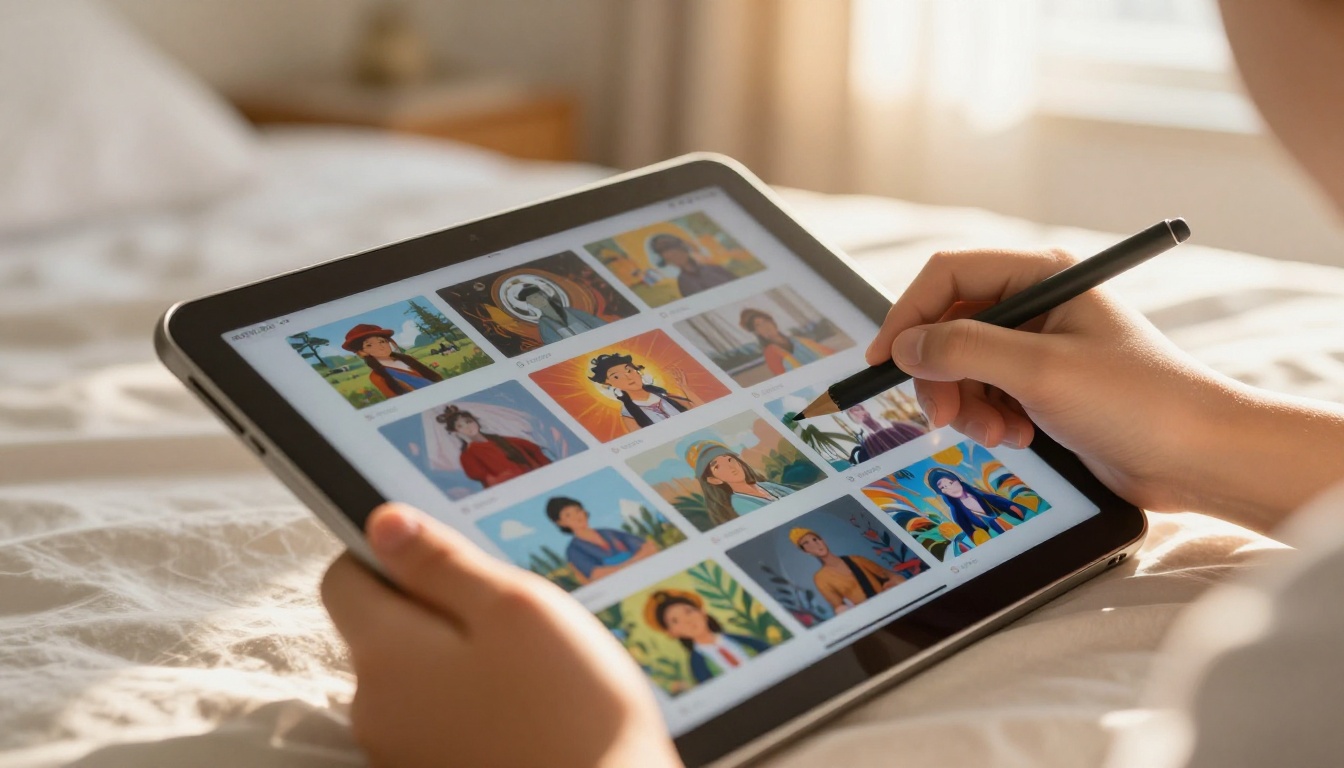 Teenager's hands scrolling through AI-generated images on an iPad with warm morning light Teenager's hands scrolling through AI-generated images on an iPad with warm morning light