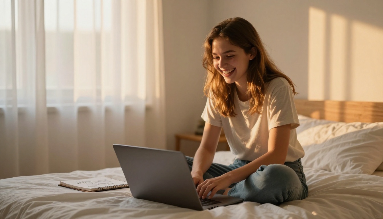 Teenage girl laughing while sitting cross-legged on her bed with a laptop and sketchbook in warm golden-hour light Teenage girl laughing while sitting cross-legged on her bed with a laptop and sketchbook in warm golden-hour light