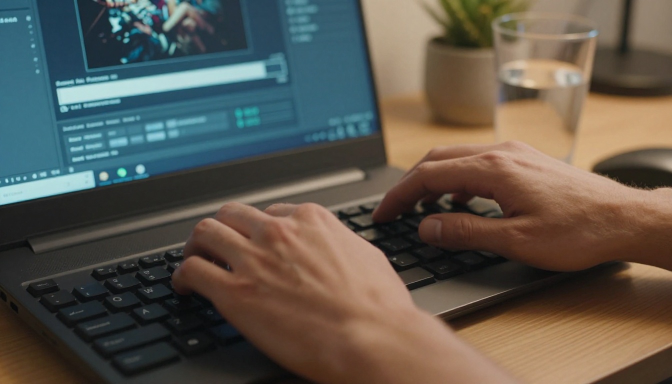 Person typing on keyboard generating AI image in under one second at a warmly lit home office desk
