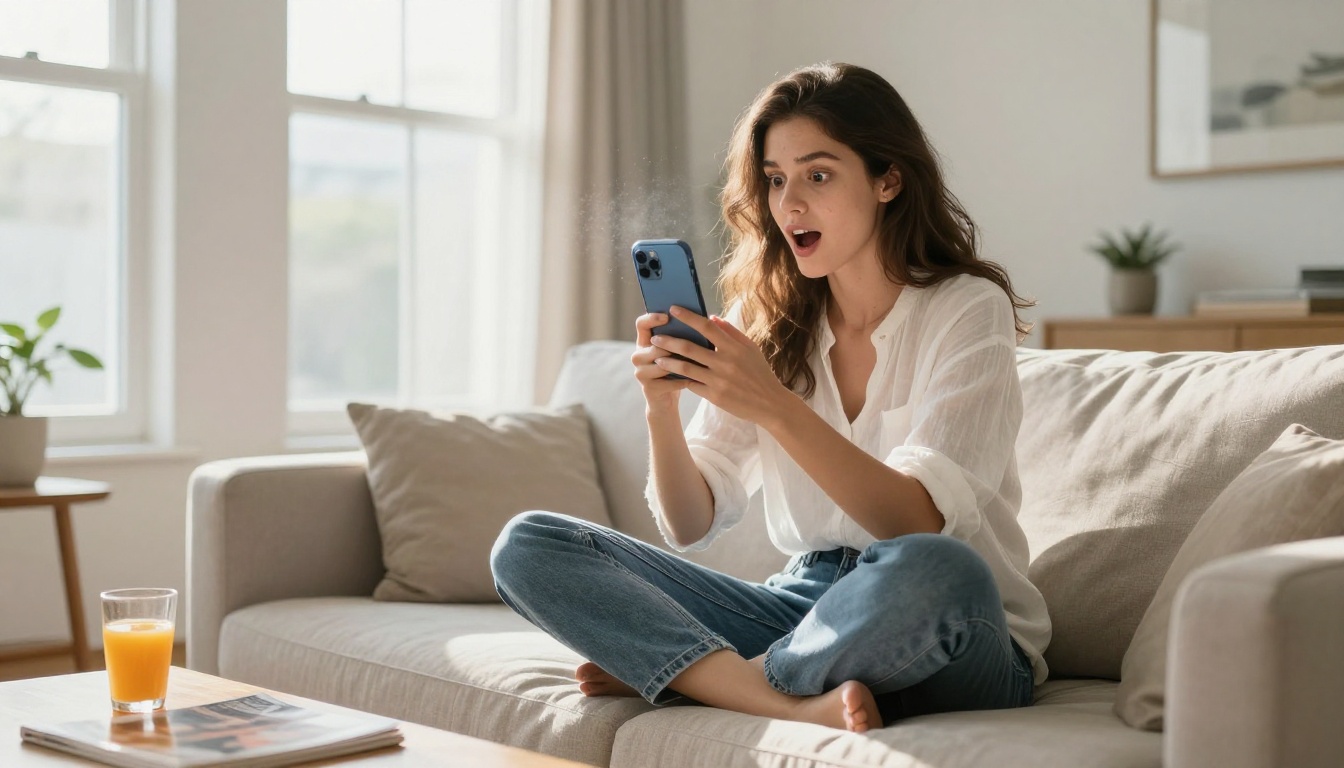 Young woman sitting on couch in bright living room holding smartphone showing AI-generated image with amazed expression