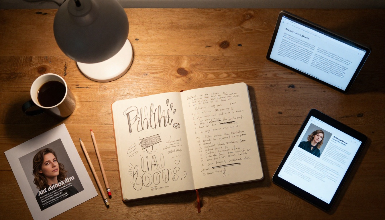 Aerial top-down shot of creative desk with sketchbook typography drawings and AI-generated portrait with text overlay