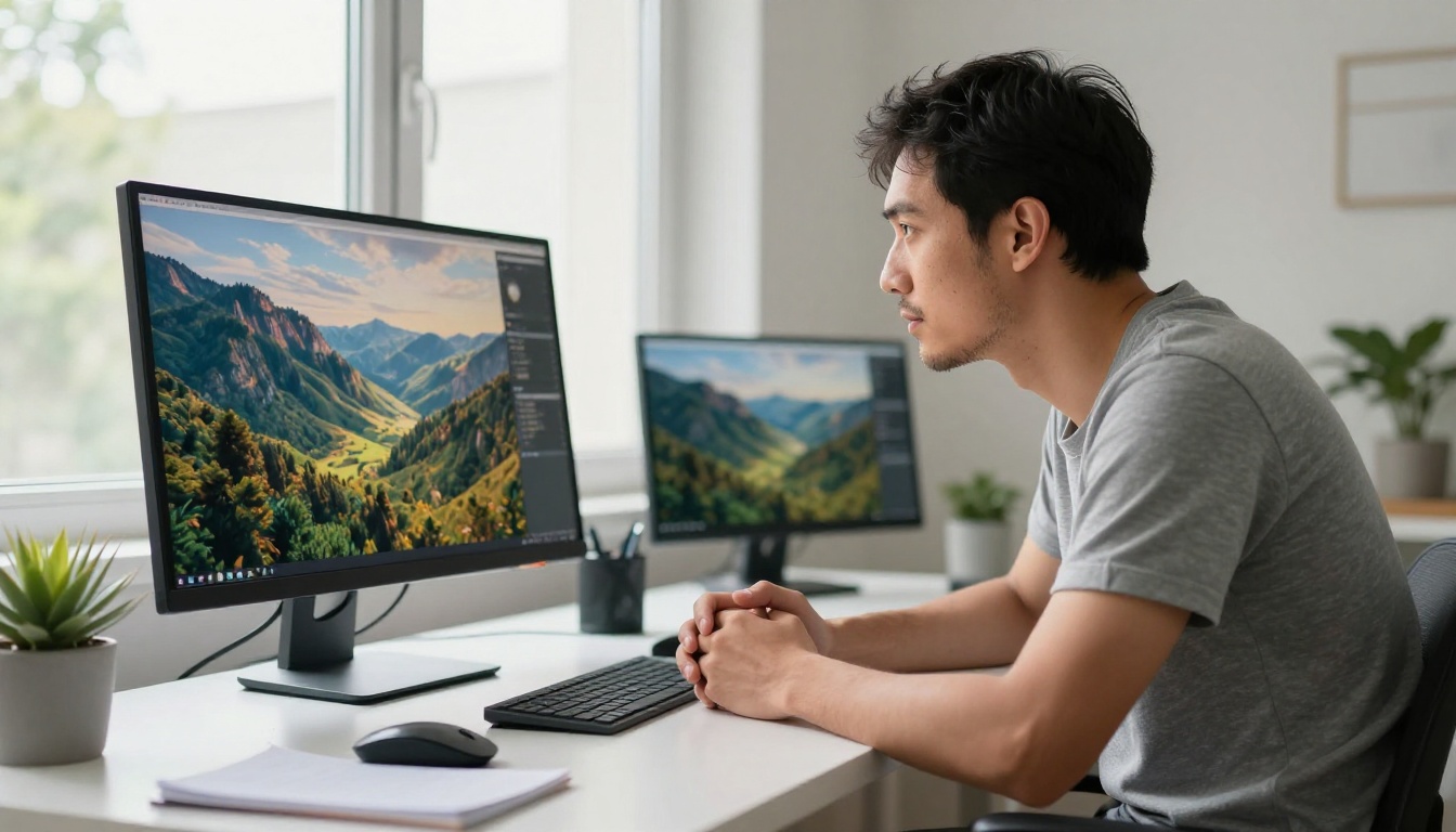 Man in thirties at minimalist white desk studying large monitor displaying stunning 4K AI-generated landscape in bright home studio