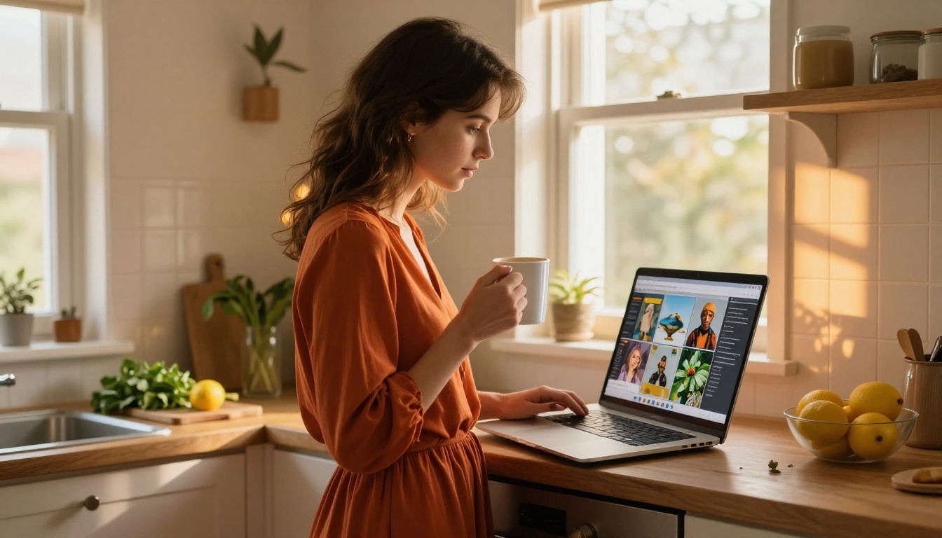 Young woman in rust-orange dress in sunlit kitchen holding laptop open showing AI-generated image gallery with warm morning light