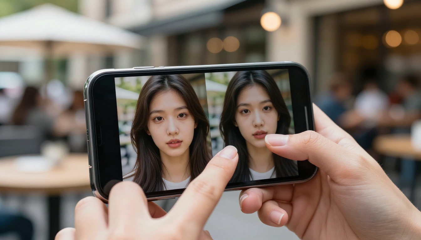 Close-up of smartphone screen showing AI image comparison held by woman at outdoor cafe with soft bokeh background