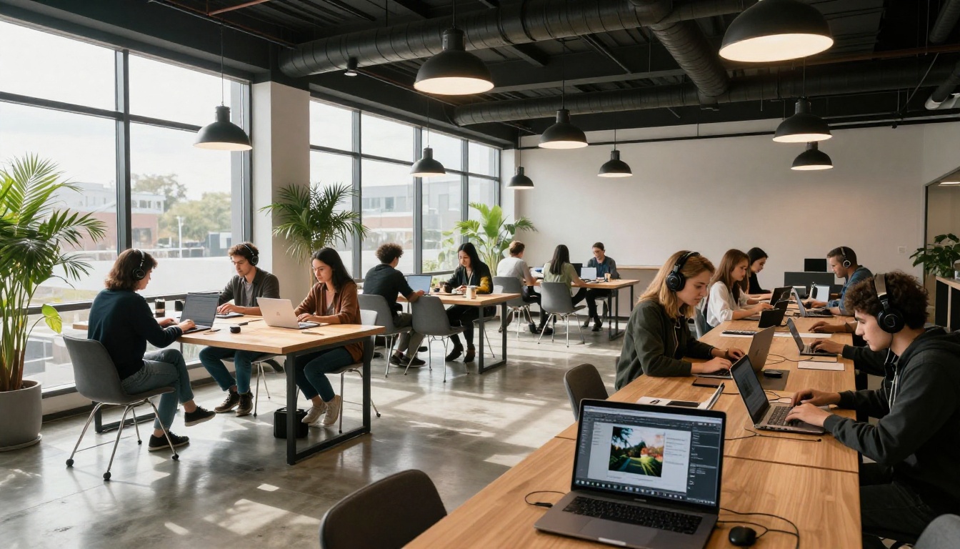 Wide shot of modern co-working space with professionals working on laptops with AI image generation interface visible