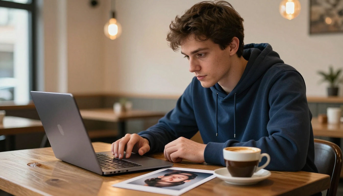 Young man at wooden cafe table with laptop showing AI tool browser tab and printed AI portrait photo nearby