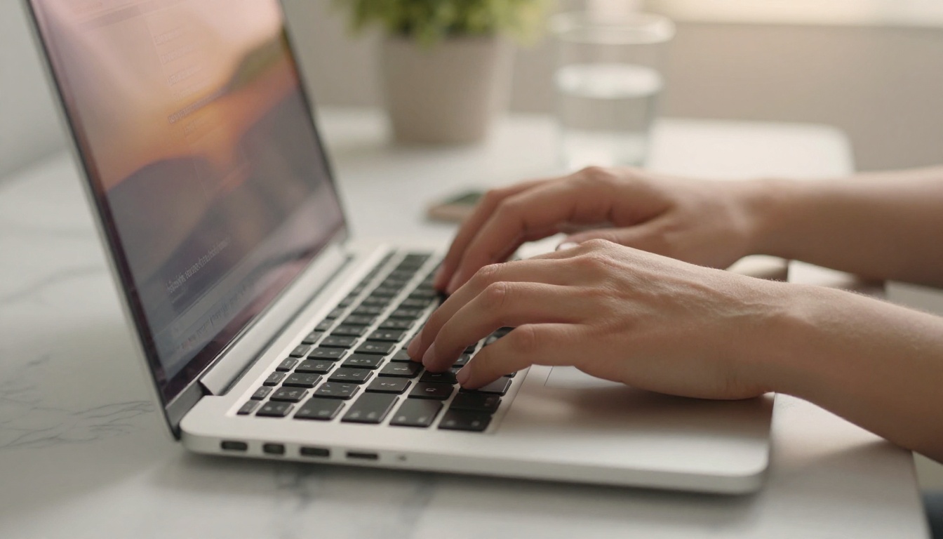 Close-up of hands typing on a laptop keyboard with a prompt visible in soft focus on screen
