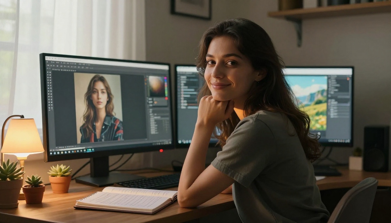 Woman in late twenties at styled home desk smiling confidently with two monitors showing AI-generated artworks behind her