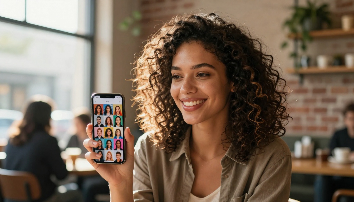 A woman browsing AI-generated images on her smartphone at a bright modern coffee shop