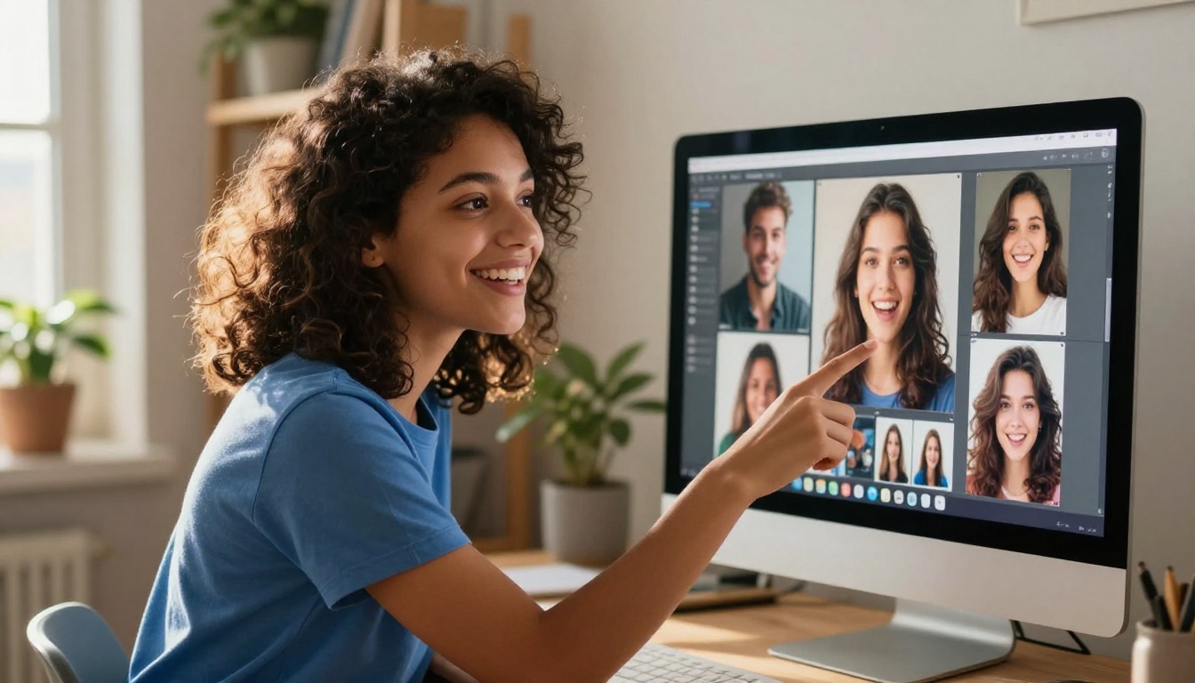 A woman with curly dark hair pointing excitedly at a gallery of AI-generated images on a large monitor