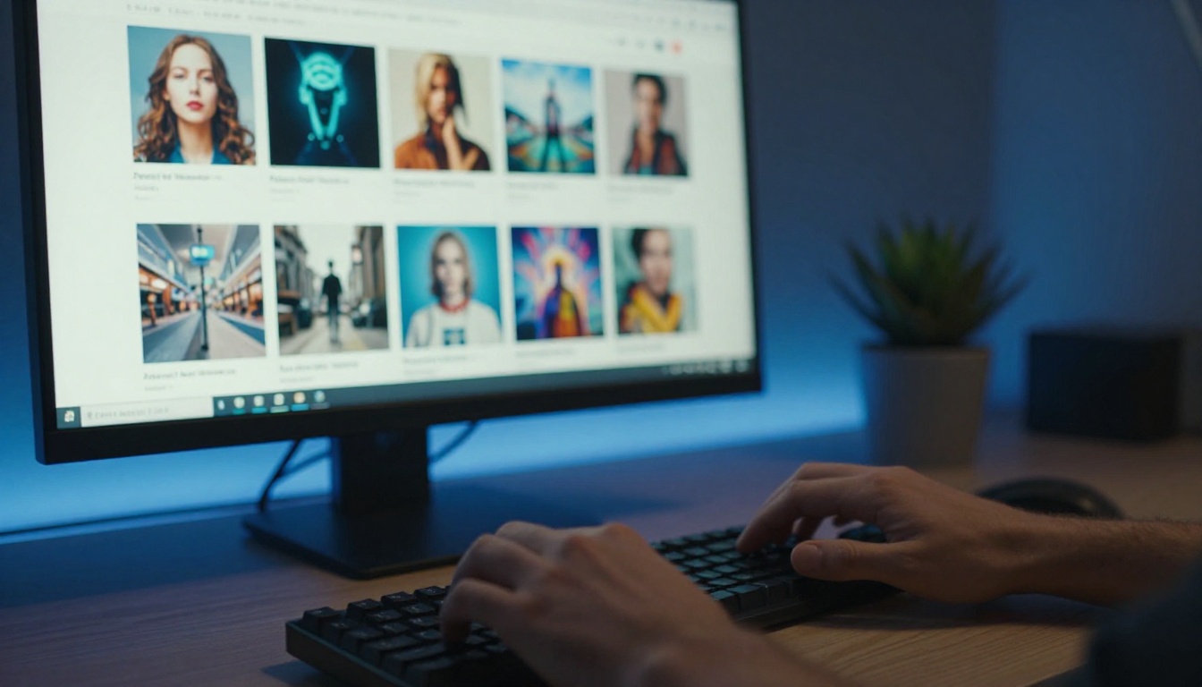 A man's hands typing on a mechanical keyboard with an AI image gallery visible on a monitor in the background