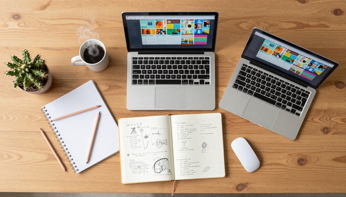 Workspace flatlay showing a laptop with AI image generation, coffee mug, and creative tools