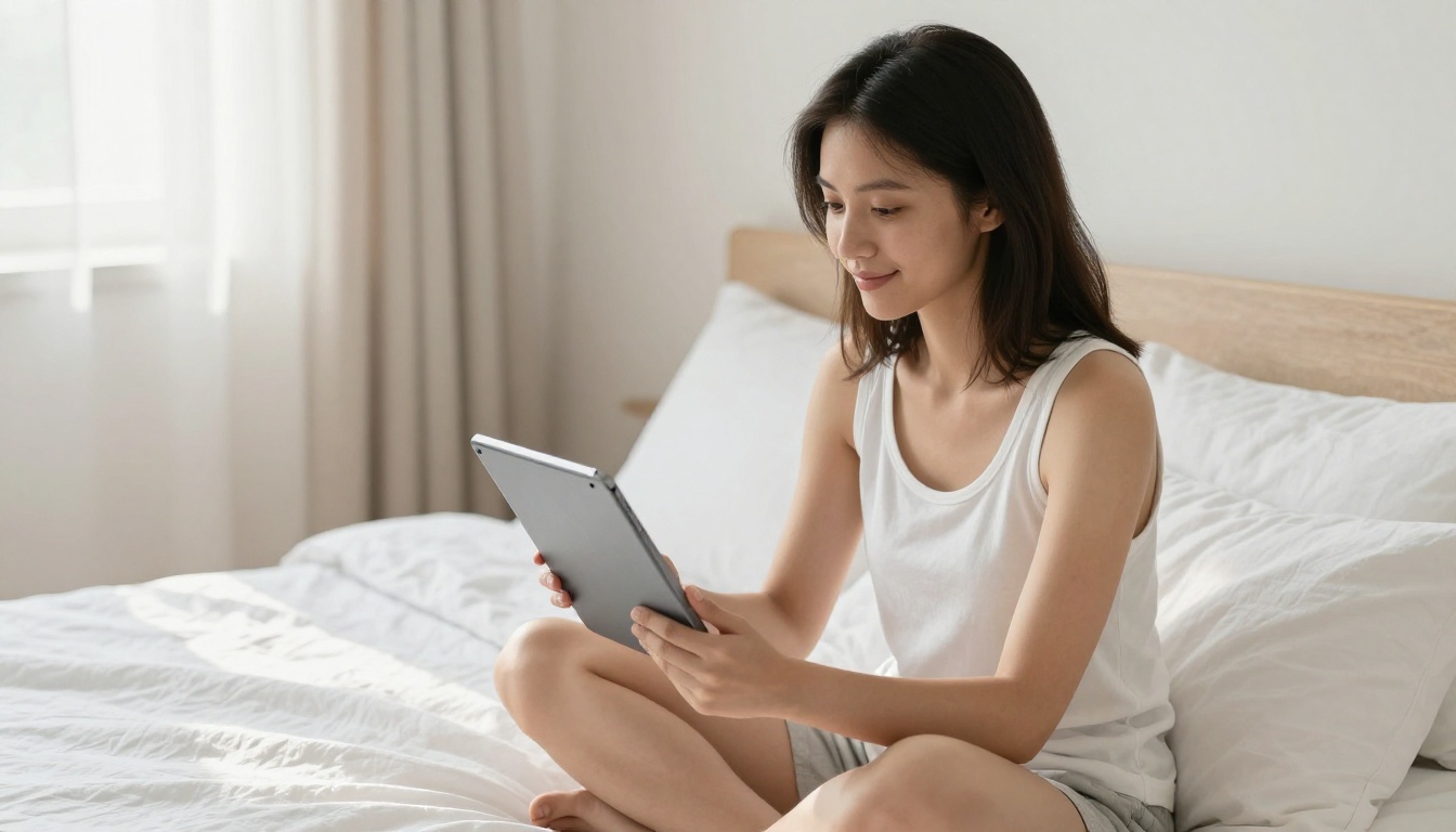 A young woman relaxing on a bright linen bed, smiling softly at AI-generated fashion images on her tablet