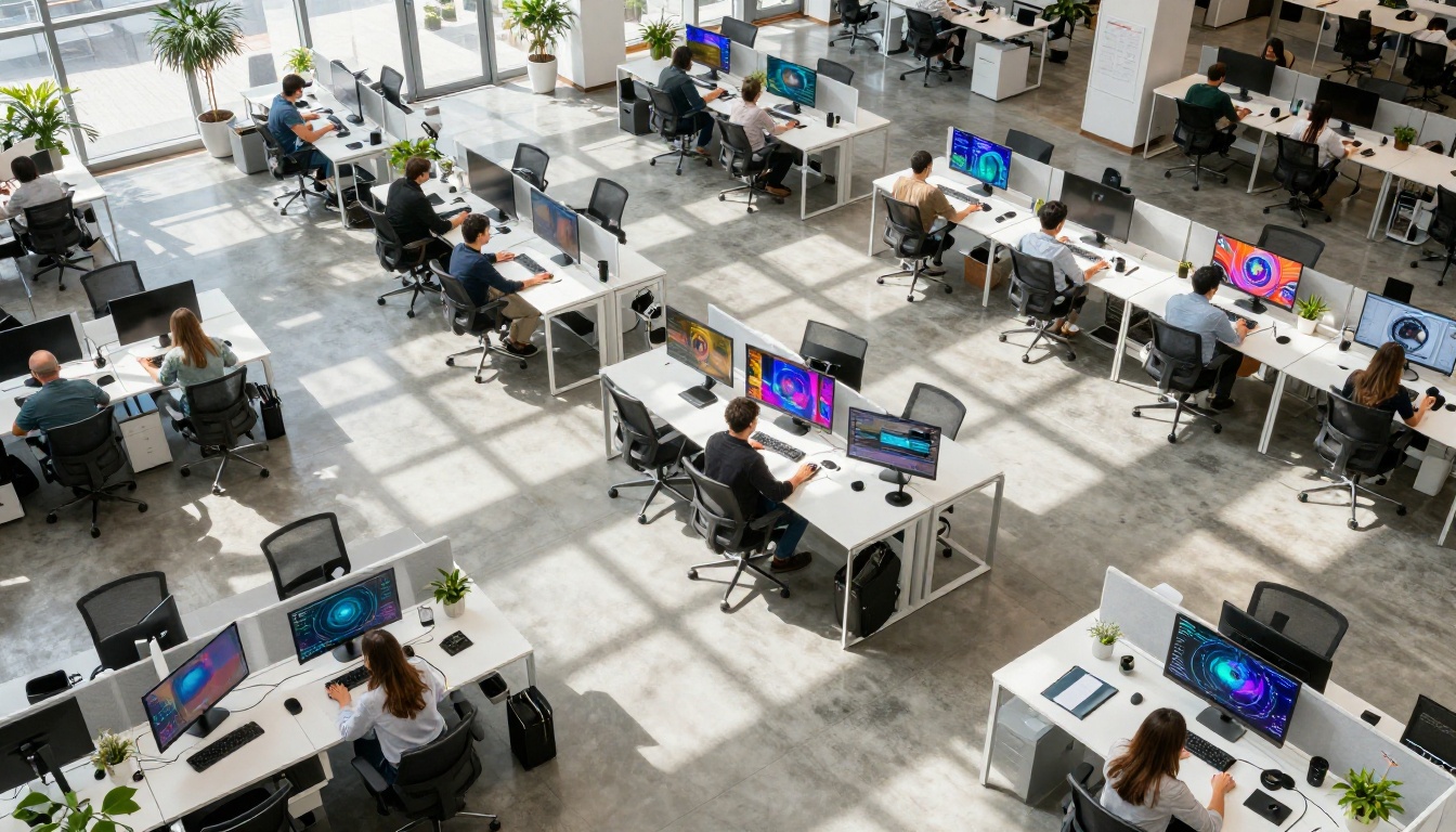 Aerial view of a modern creative office with multiple people working on computers showing AI-generated images